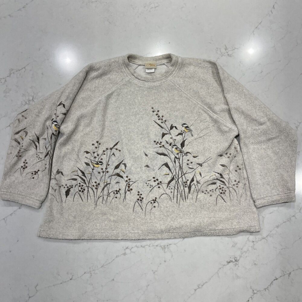 Artisans Vintage Birds‎ Fleece Pullover Sweatshirt Shirt 2XL Cottagecore Beige